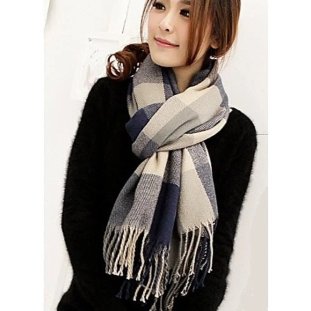 Women's Grey Fashion Long Shawl Big Grid Winter Warm Lattice Large Scarf